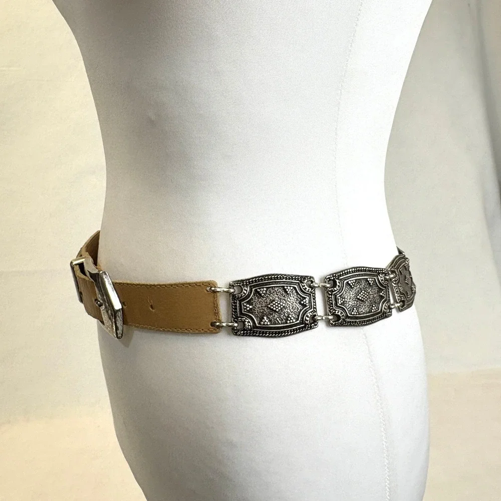 VTG The Limited Genuine Leather Tan‎ Belt Silver Ornate Western Buckle Boho M